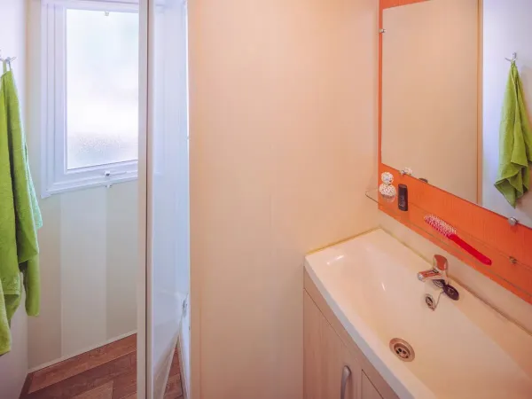 Łazienka w salonie Roan Comfort Plus z prysznicem i umywalką.