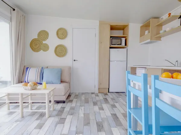 Część wypoczynkowa i kuchnia w domu mobilnym Roan w strefie Premium.