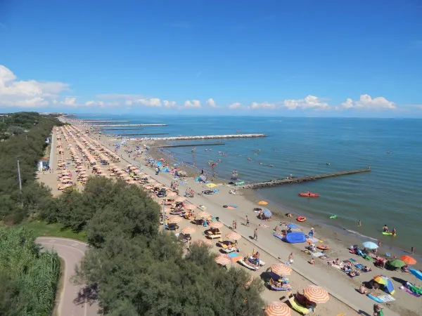 Plaża z leżakami i parasolami na kempingu Roan Pra'delle Torri.