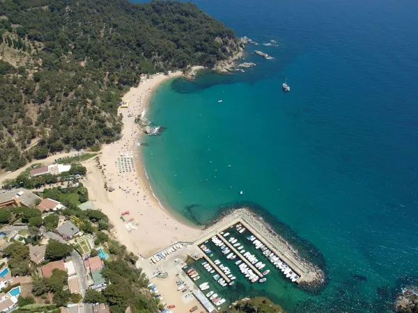 Przegląd plaży i portu na kempingu Roan Cala Canyelles.