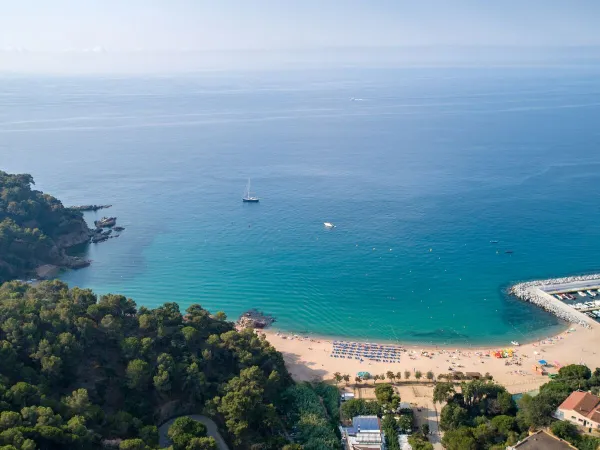 Przegląd plaży z morzem na kempingu Roan Cala Canyelles.