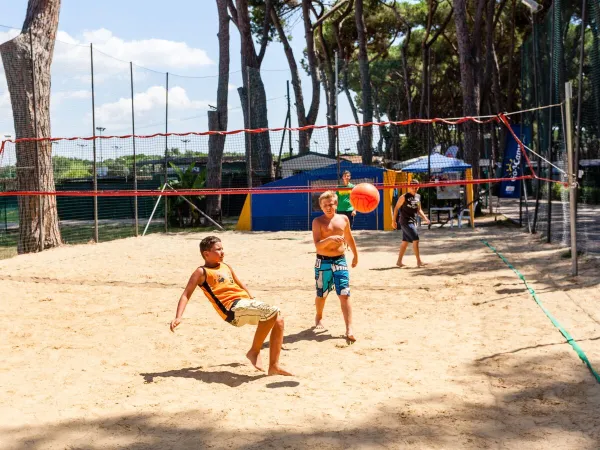 Małe dzieci grające w siatkówkę na kempingu Roan Fabulous.