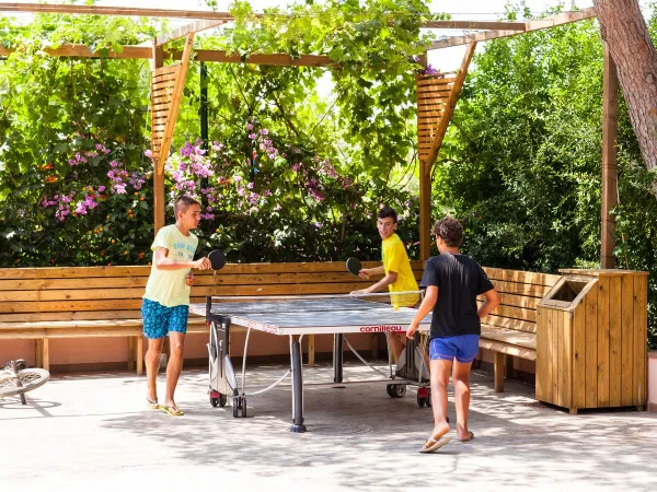 Dzieci grające w tenisa stołowego na Roan Camping El Pinar.