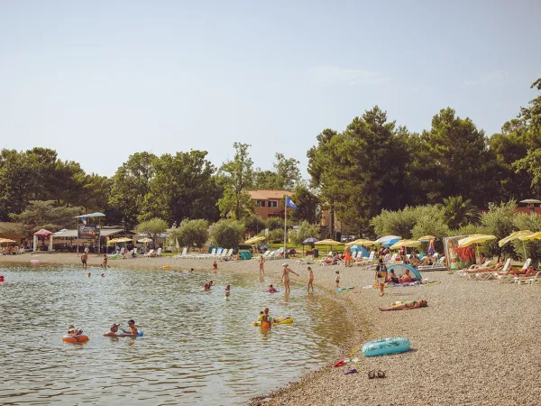 Żwirowa plaża w pobliżu kempingu Roan Stella Maris.