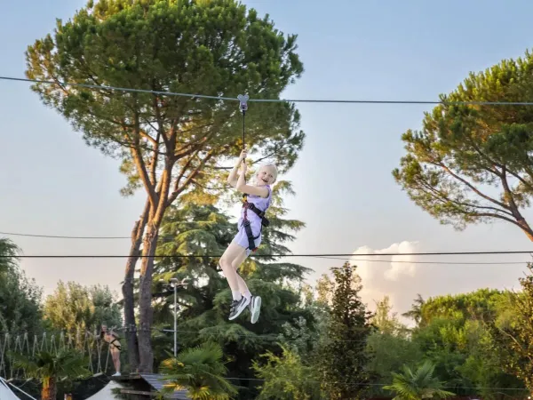 Ziplining między koronami drzew na kempingu Roan w wiosce Altomincio.