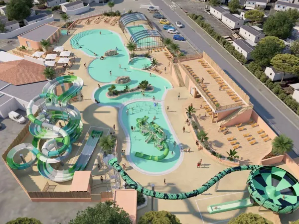 Widok z lotu ptaka na park wodny Roan Camping Le Domaine du Clarys. Nowość w 2025 roku!