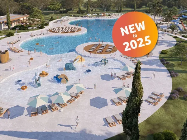 Nowy kompleks basenów ze zjeżdżalniami i brodzikiem w 2025 r. na kempingu Roan w Zaton Holiday Resort.