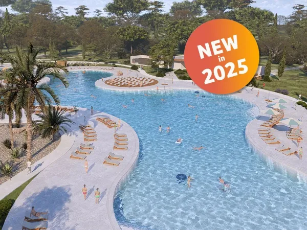 Nowy basen z leżakami i parasolami na kempingu Roan w Zaton Holiday Resort.