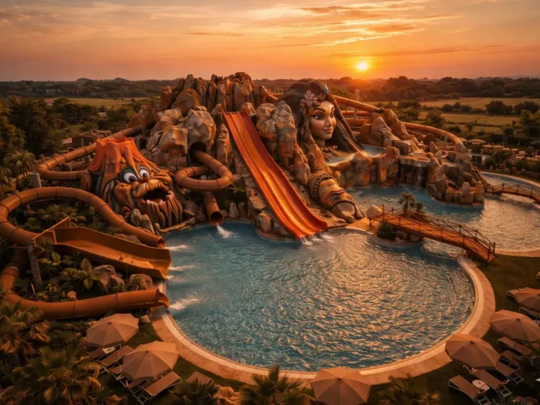 Wizualizacja nowego basenu ze zjeżdżalniami w 2026 r. na campingu Roan Tahiti.