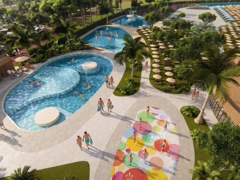 Obraz kompleksu basenowego na kempingu Roan Delta Open Air Resort wygenerowany przez sztuczną inteligencję.