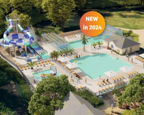 Przegląd nowego basenu 2024 na kempingu Roan la Brèche.