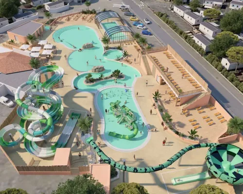 Widok z lotu ptaka na park wodny Roan Camping Le Domaine du Clarys. Nowość w 2025 roku!