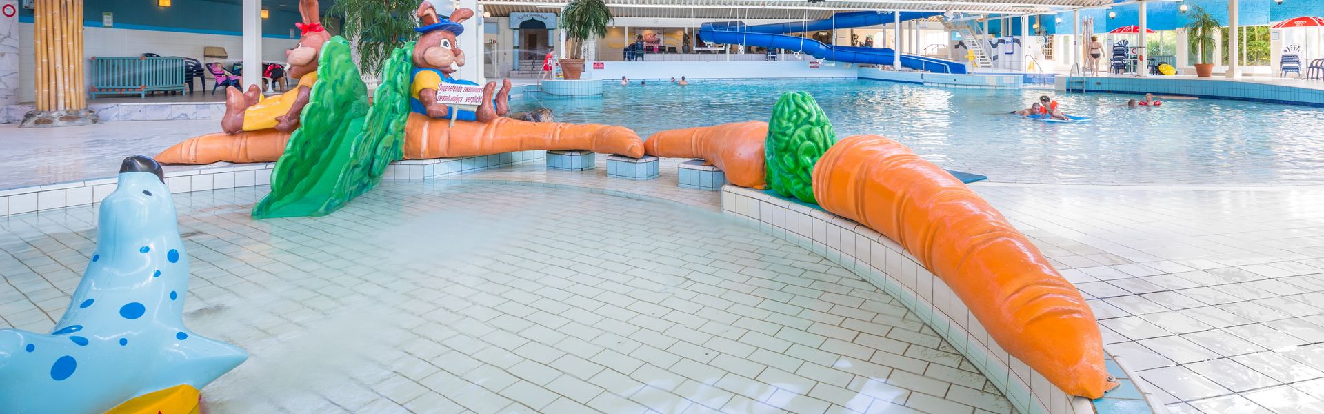 Kryty kompleks basenów ze zjeżdżalniami i atrakcjami na campingu Roompot w Holandii